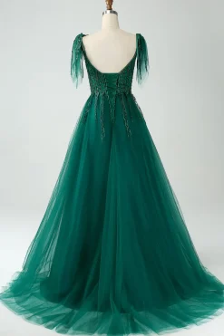 Verde Escuro A-Line Espaghetti Correias Tulle Long Prom Dress com Missangas