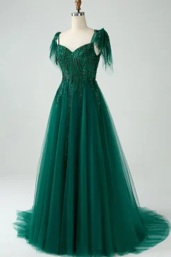 Verde Escuro A-Line Espaghetti Correias Tulle Long Prom Dress com Missangas