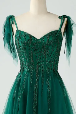 Verde Escuro A-Line Espaghetti Correias Tulle Long Prom Dress com Missangas