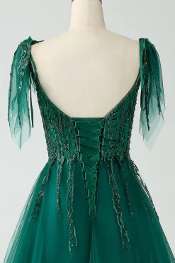 Verde Escuro A-Line Espaghetti Correias Tulle Long Prom Dress com Missangas