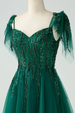 Verde Escuro A-Line Espaghetti Correias Tulle Long Prom Dress com Missangas