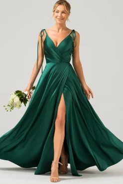 Verde escuro A-Line Espaghetti Straps Ruched Long Vestido de dama de honra com fenda