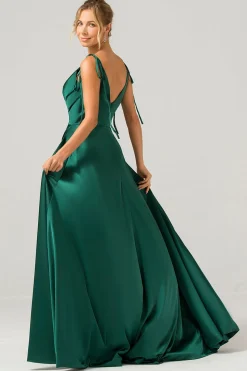 Verde escuro A-Line Espaghetti Straps Ruched Long Vestido de dama de honra com fenda