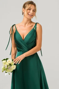 Verde escuro A-Line Espaghetti Straps Ruched Long Vestido de dama de honra com fenda