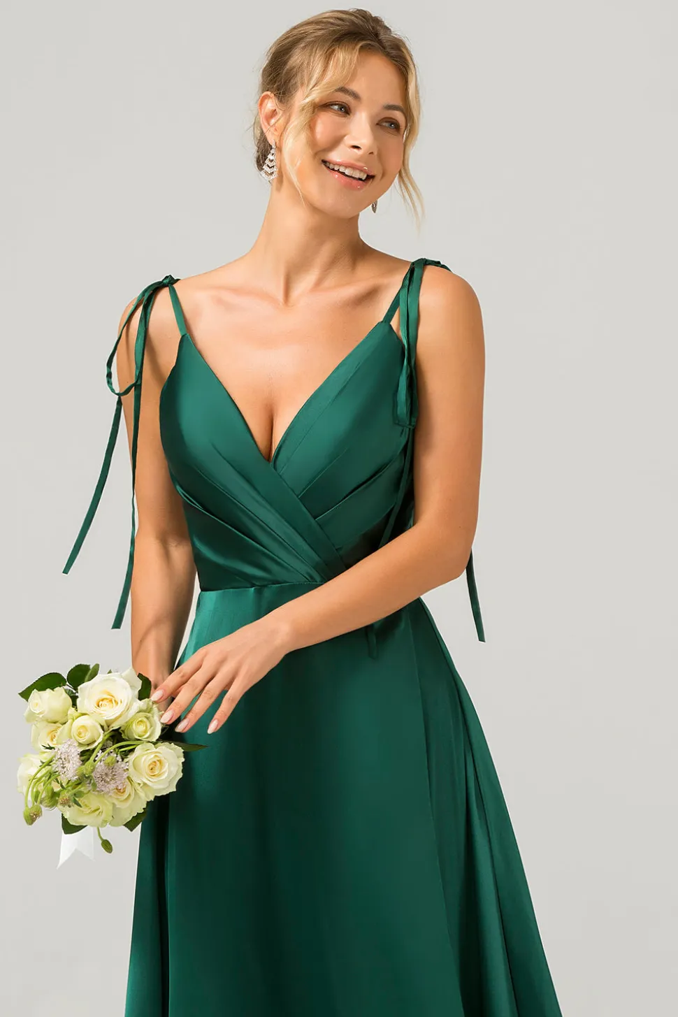 Verde escuro A-Line Espaghetti Straps Ruched Long Vestido de dama de honra com fenda
