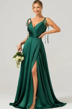 Verde escuro A-Line Espaghetti Straps Ruched Long Vestido de dama de honra com fenda