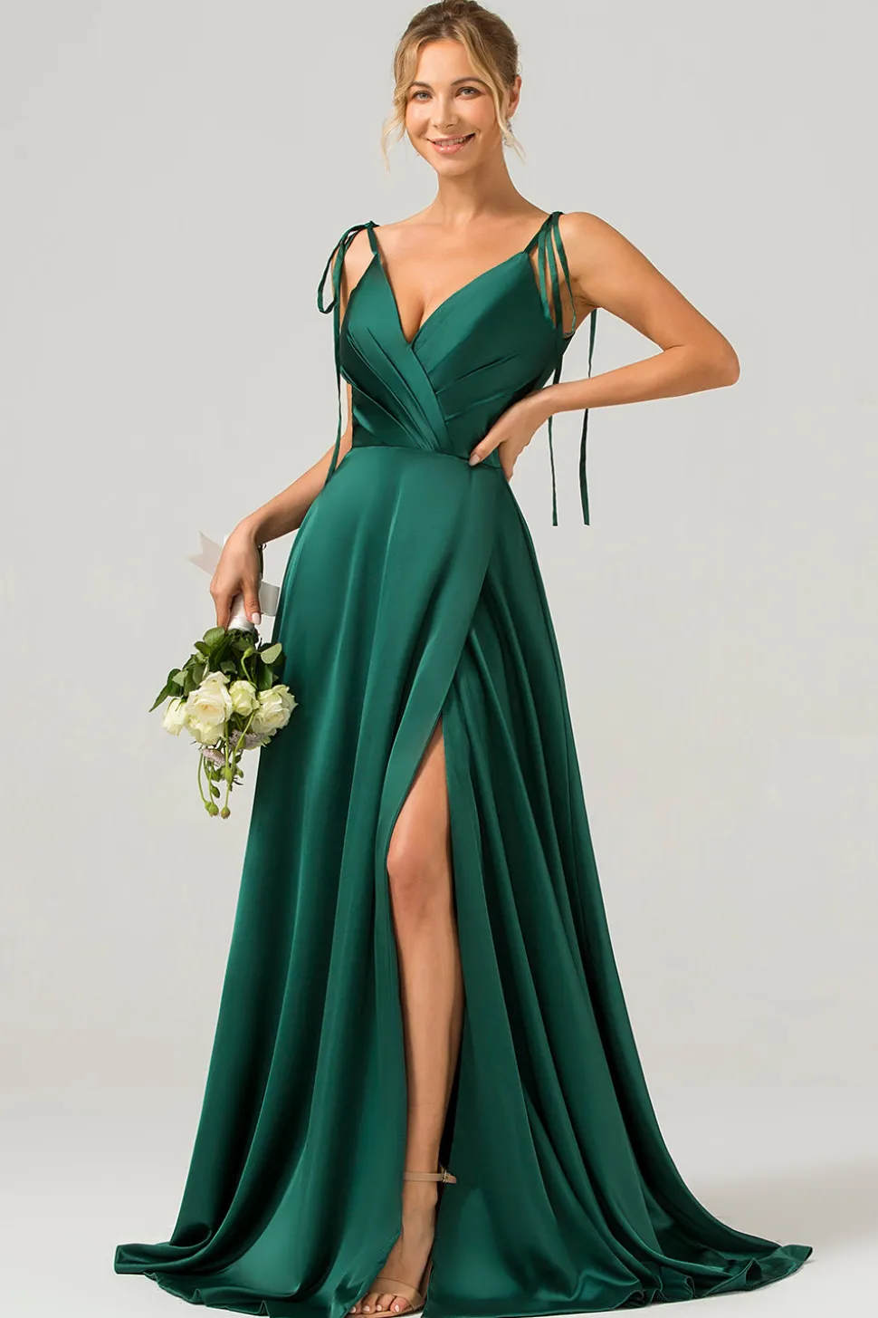 Verde escuro A-Line Espaghetti Straps Ruched Long Vestido de dama de honra com fenda