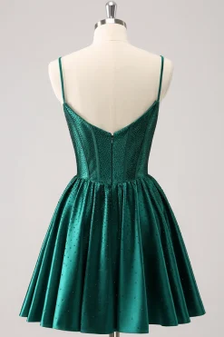 Verde escuro A-Line espaguete correias espartilho plissado homecoming vestido