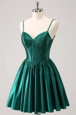 Verde escuro A-Line espaguete correias espartilho plissado homecoming vestido
