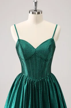 Verde escuro A-Line espaguete correias espartilho plissado homecoming vestido
