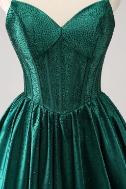 Verde escuro A-Line espaguete correias espartilho plissado homecoming vestido