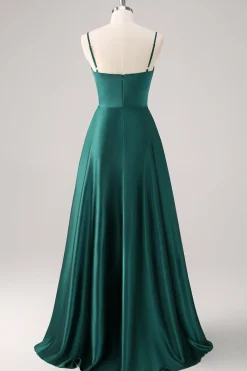 Verde Escuro A-Line Esparguete Correias Cetim Ruched Long Vestido de Dama de Honra