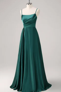 Verde Escuro A-Line Esparguete Correias Cetim Ruched Long Vestido de Dama de Honra