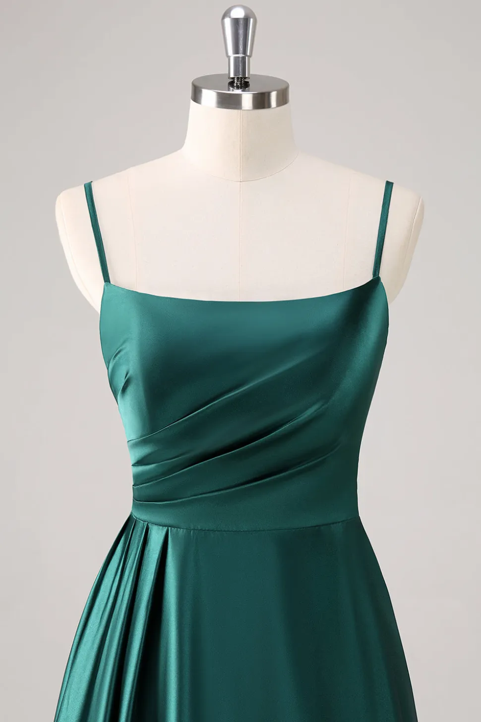 Verde Escuro A-Line Esparguete Correias Cetim Ruched Long Vestido de Dama de Honra