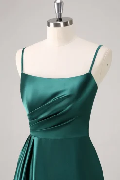 Verde Escuro A-Line Esparguete Correias Cetim Ruched Long Vestido de Dama de Honra
