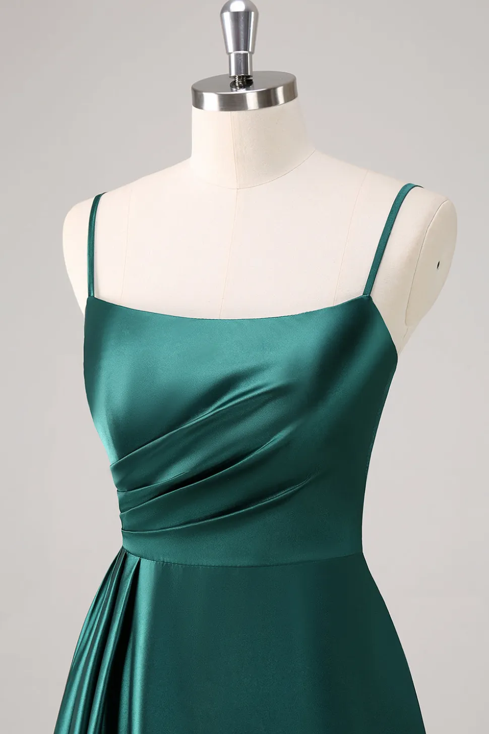Verde Escuro A-Line Esparguete Correias Cetim Ruched Long Vestido de Dama de Honra