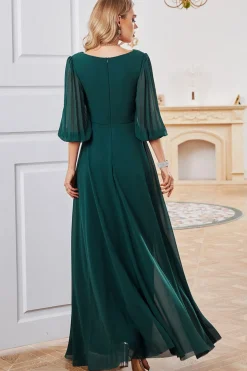 Verde escuro A-line mangas longas V-neck mãe de vestido de noiva