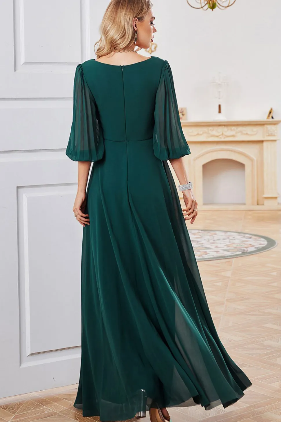 Verde escuro A-line mangas longas V-neck mãe de vestido de noiva