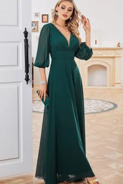 Verde escuro A-line mangas longas V-neck mãe de vestido de noiva