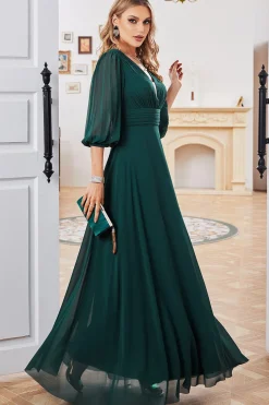 Verde escuro A-line mangas longas V-neck mãe de vestido de noiva