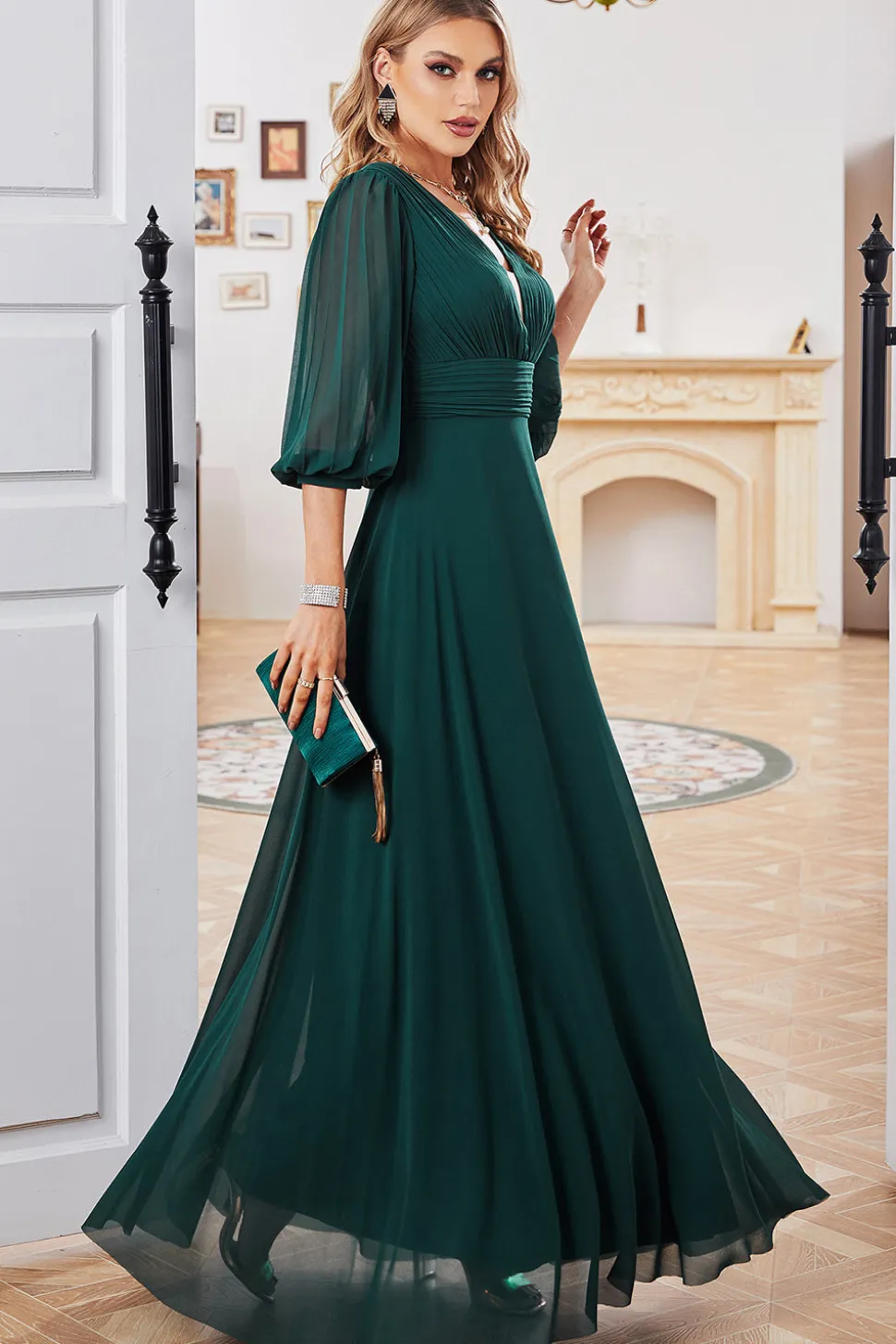 Verde escuro A-line mangas longas V-neck mãe de vestido de noiva