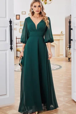 Verde escuro A-line mangas longas V-neck mãe de vestido de noiva