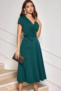 Verde escuro A-Line mangas curtas mãe de vestido de noiva com cinto