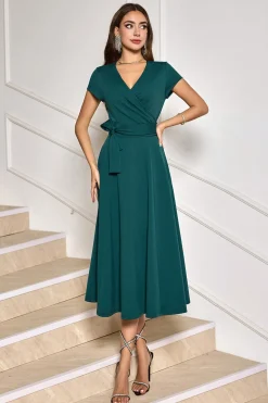 Verde escuro A-Line mangas curtas mãe de vestido de noiva com cinto