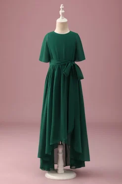 Verde escuro A-Line Round Neck Chiffon High Low Junior Vestido de Madrinha
