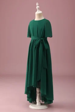 Verde escuro A-Line Round Neck Chiffon High Low Junior Vestido de Madrinha