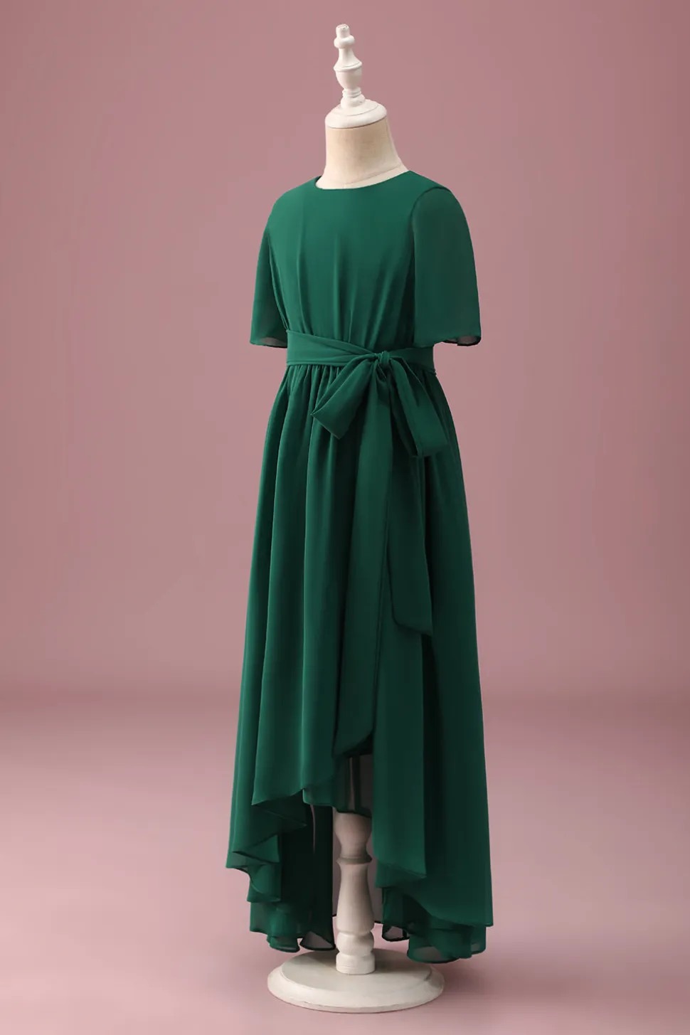 Verde escuro A-Line Round Neck Chiffon High Low Junior Vestido de Madrinha