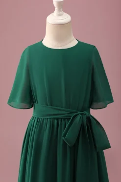 Verde escuro A-Line Round Neck Chiffon High Low Junior Vestido de Madrinha