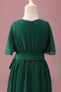 Verde escuro A-Line Round Neck Chiffon High Low Junior Vestido de Madrinha