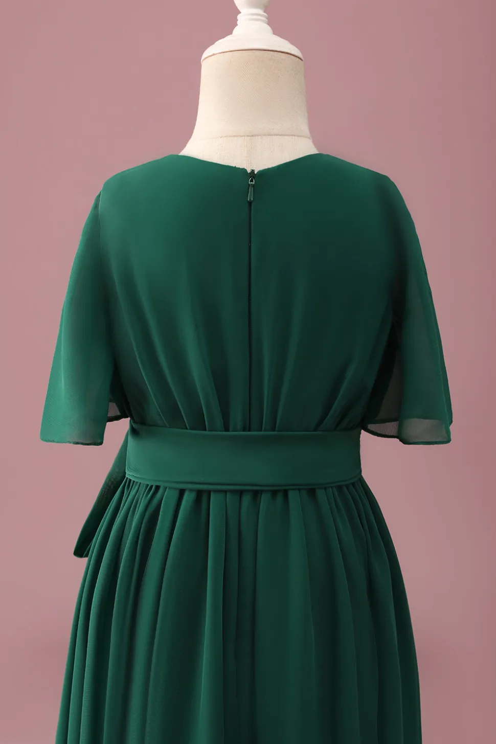 Verde escuro A-Line Round Neck Chiffon High Low Junior Vestido de Madrinha