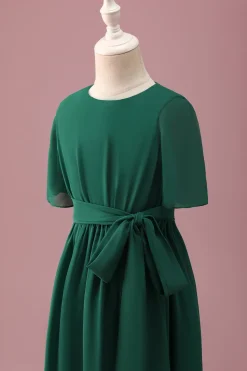Verde escuro A-Line Round Neck Chiffon High Low Junior Vestido de Madrinha