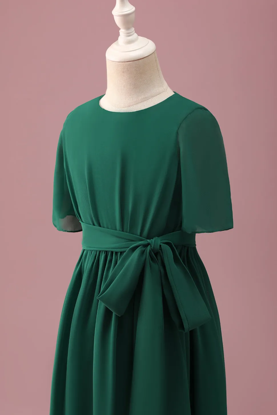 Verde escuro A-Line Round Neck Chiffon High Low Junior Vestido de Madrinha