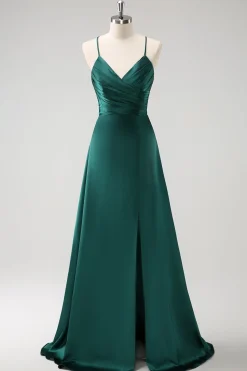 Verde escuro A-Line Ruched Lace-Up Back Satin Long Madrinha Dress