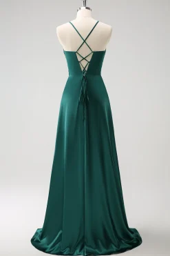 Verde escuro A-Line Ruched Lace-Up Back Satin Long Madrinha Dress