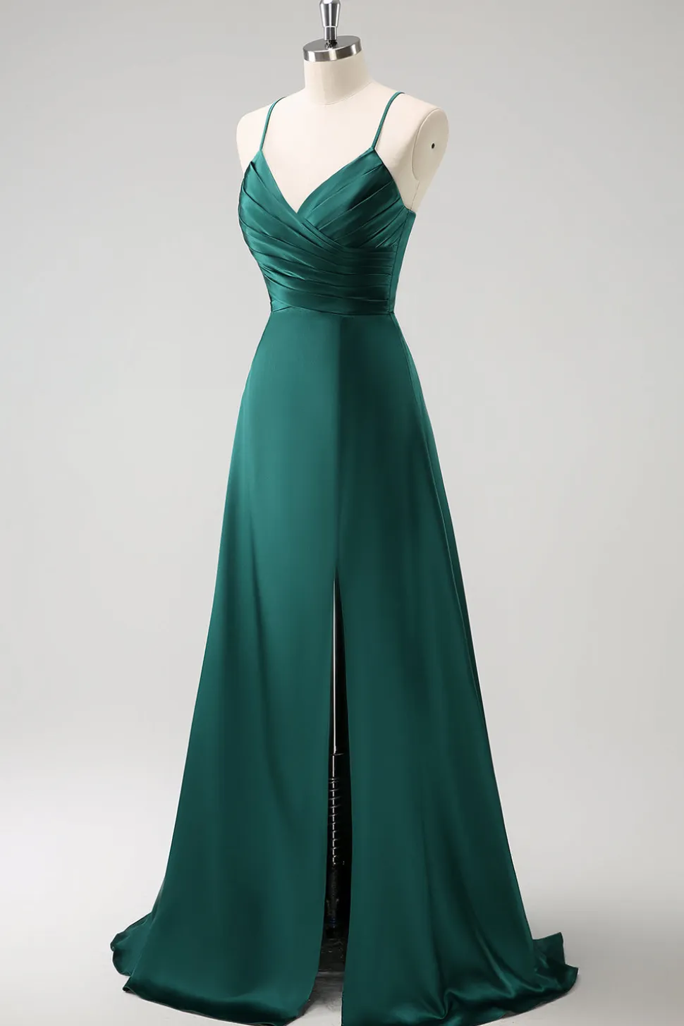 Verde escuro A-Line Ruched Lace-Up Back Satin Long Madrinha Dress