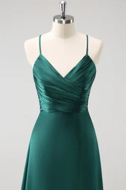 Verde escuro A-Line Ruched Lace-Up Back Satin Long Madrinha Dress