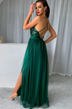 Verde Escuro A-Line Spaghetti Correias Vestido Longo Baile de Formatura com Fenda