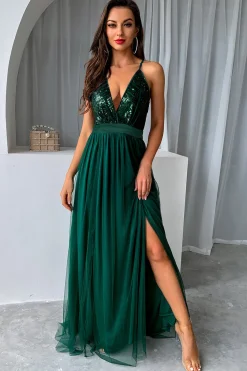 Verde Escuro A-Line Spaghetti Correias Vestido Longo Baile de Formatura com Fenda