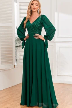 Verde escuro A-Line V pescoço longo vestido de baile com lantejoulas