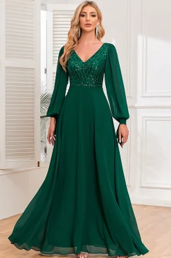 Verde escuro A-Line V pescoço longo vestido de baile com lantejoulas