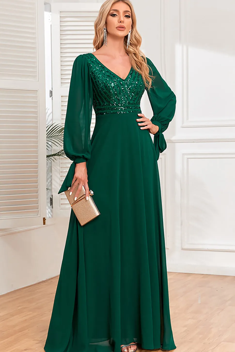 Verde escuro A-Line V pescoço longo vestido de baile com lantejoulas