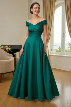 Verde Escuro A-Line V-Neck Ruched Long Mãe do Vestido da Noiva com Folhos