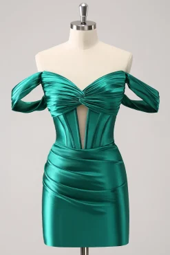 verde escuro apertado fora do ombro espartilho cetim homecoming vestido
