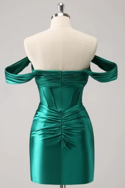 verde escuro apertado fora do ombro espartilho cetim homecoming vestido