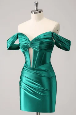 verde escuro apertado fora do ombro espartilho cetim homecoming vestido