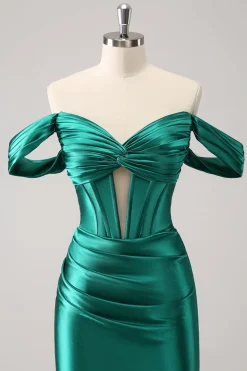 verde escuro apertado fora do ombro espartilho cetim homecoming vestido